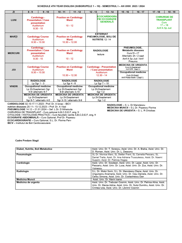 Schedule 4th Year 1sem | PDF | Medicine