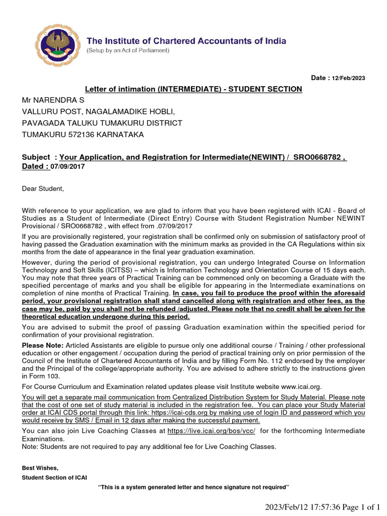 ICAI Intermediate Registration Intimation | PDF | Career & Growth