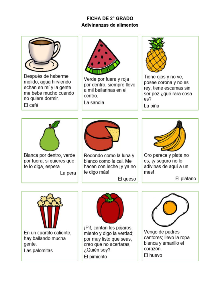 Adivinanzas de Alimentos para Niños | PDF