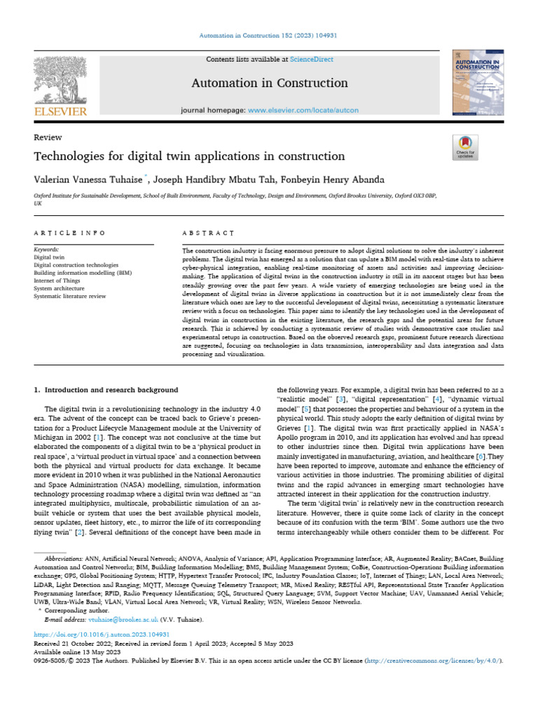 Technologies For Digital Twin Applications in Construction | PDF ...