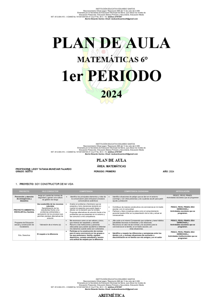 Plan de Aula Matemáticas 6° 2024 | PDF | Educación de la primera ...