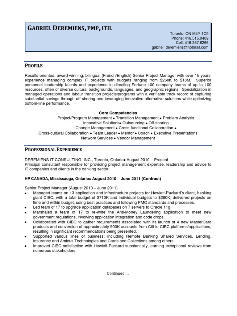 Senior Project Manager In Toronto Ontario Canada Resume Gabriel