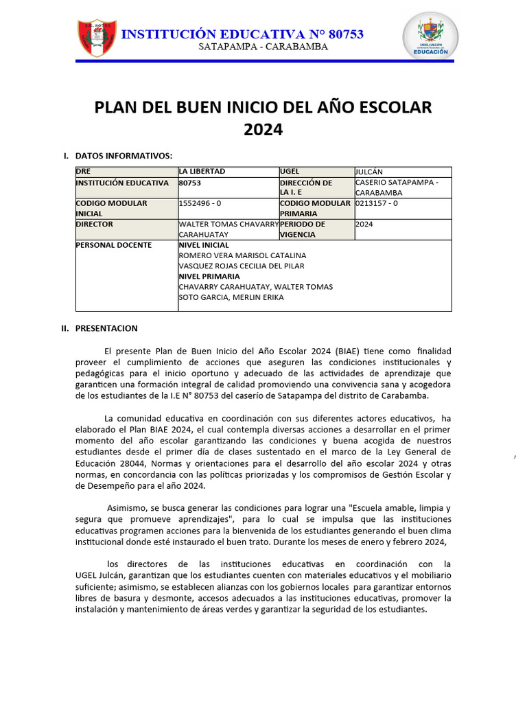 Plan de Buen Inicio Escolar 2024 Satapampa | PDF | Educación primaria ...