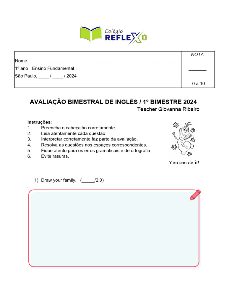 Avaliação de Inglês - 1º Bimestre 2024 | PDF