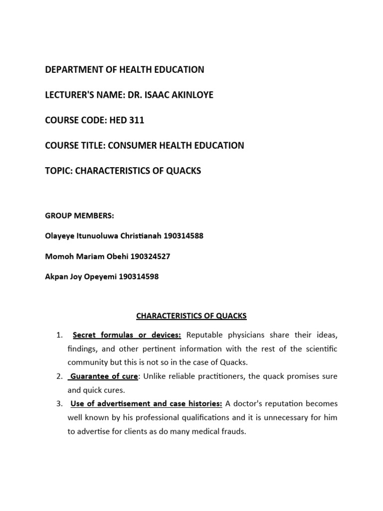 Identifying Characteristics of Quacks | PDF | Self-Improvement