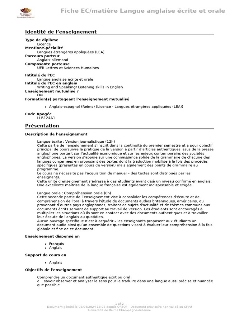 Langue anglaise : écriture et écoute | PDF | Langue anglaise | Traductions