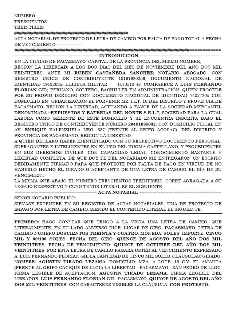 Acta Notarial de Protesto por Impago | PDF | Pagaré