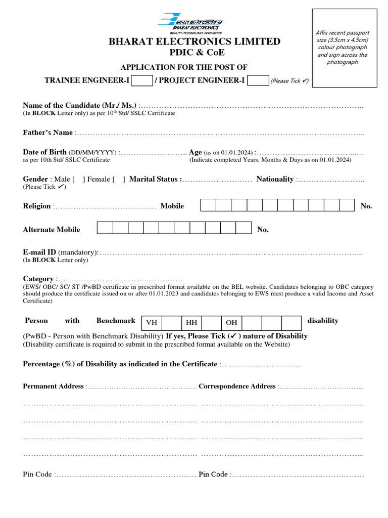 BEL Trainee Engineer Application Form | PDF | Career & Growth | Business