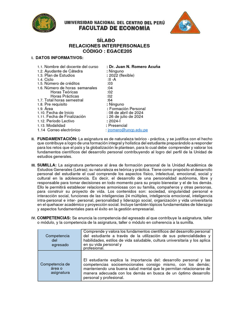 Sílabo de Relaciones Interpersonales | PDF | Evaluación | Las emociones