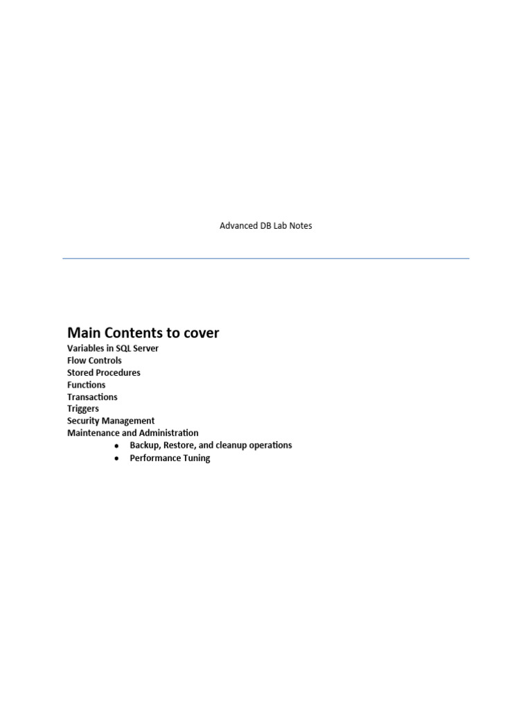 Main Contents To Cover Advanced DB Lab Notes PDF Microsoft Sql Main contents to cover advanced db lab notes pdf microsoft sql