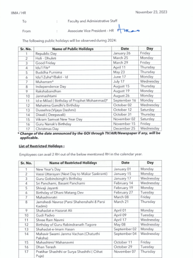 List of Holidays 2024 PDF