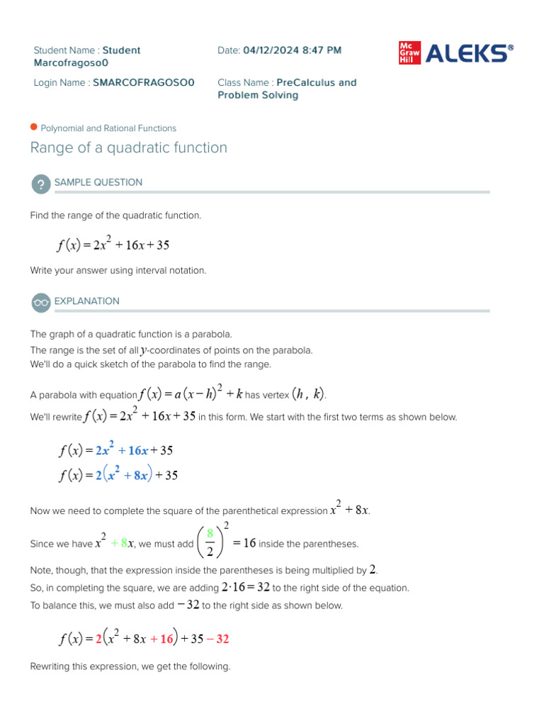 9 - Polynomial and Rational Functions - Range of A Quadratic Function ...