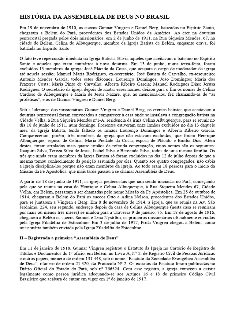 História Da Assembleia De Deus No Brasil Pdf Batistas Pentecostalismo