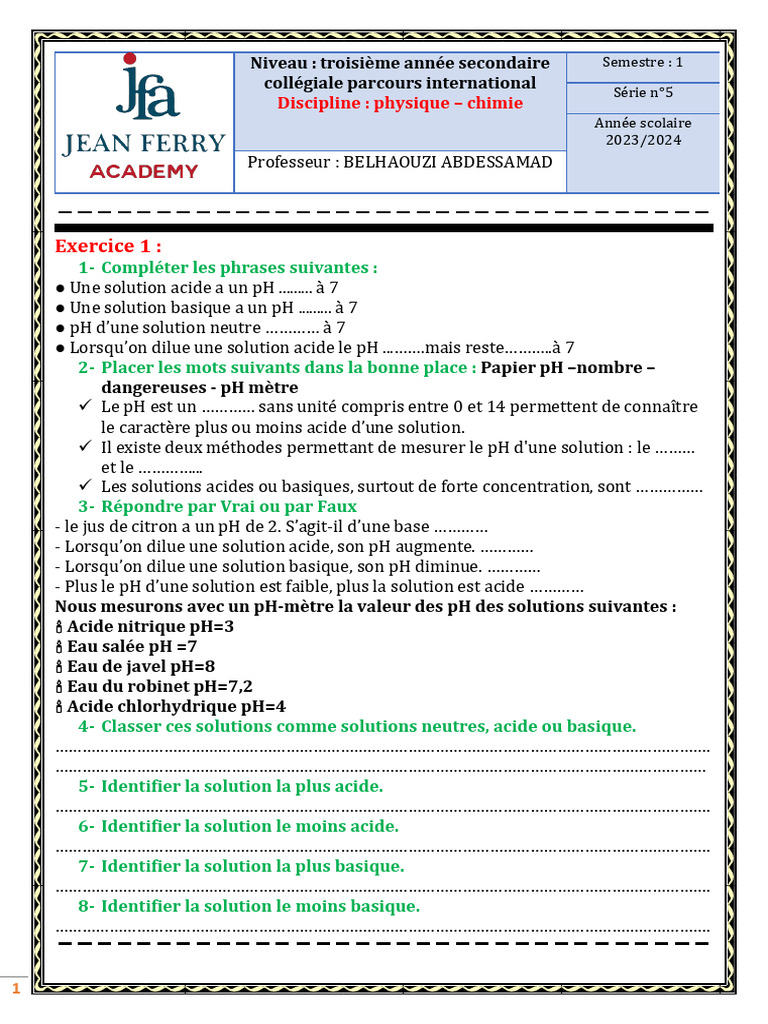 Exercice sur le pH et solutions acides/basiques | PDF | Ph | Acide