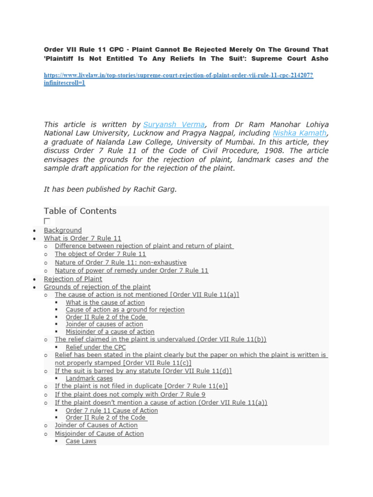 Supreme Court on Order 7 Rule 11 CPC | PDF | Lawsuit | Cause Of Action