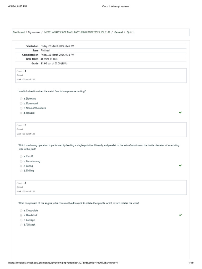 Quiz 1 Attempt Review2 PDF Machining Casting