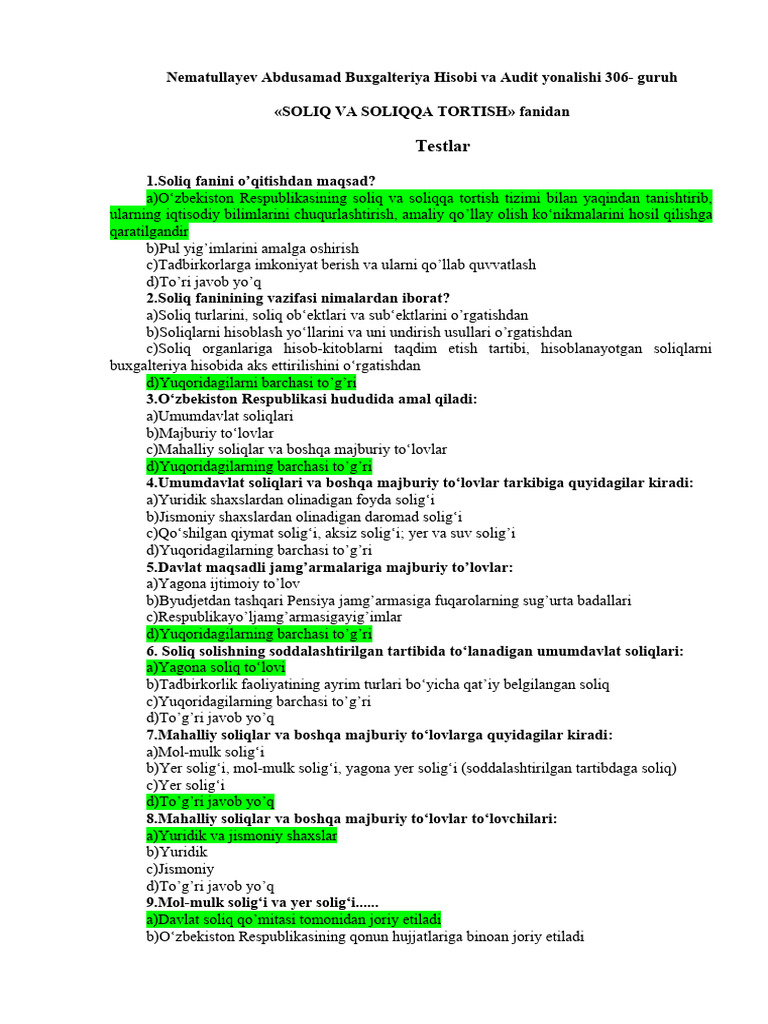 Soliq Va Soliqqa Tortish Fanidan Testlar Soliq Fanini O'qitish | PDF