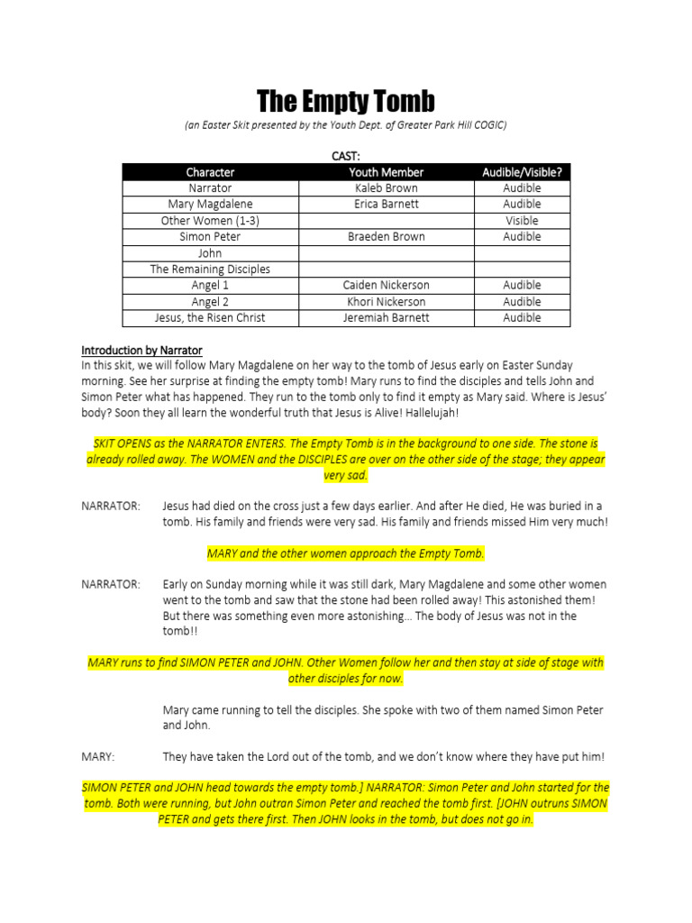 The Empty Tomb | PDF | Jesus | Christian Belief And Doctrine for He Is Risen Easter Play Script Free Printable