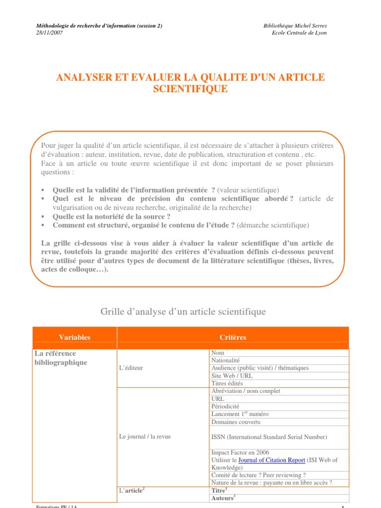 Grille Analyse Article Scientifique  International Standard Serial
