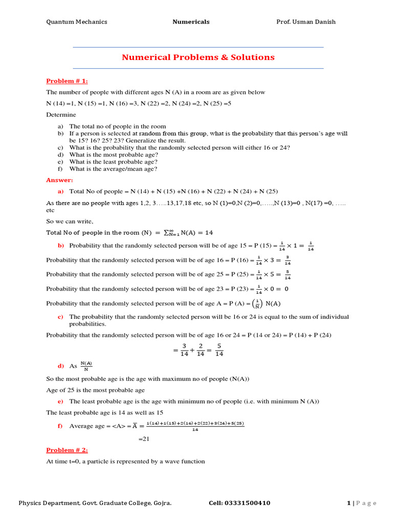 Numerical Problems & Solutions | PDF | Wave Function | Probability