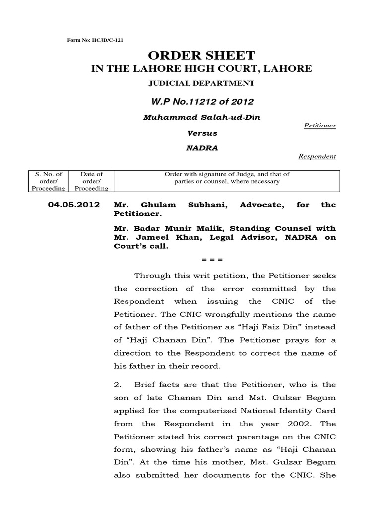 CNIC Typo Correction Case | PDF | Identity Document | Justice
