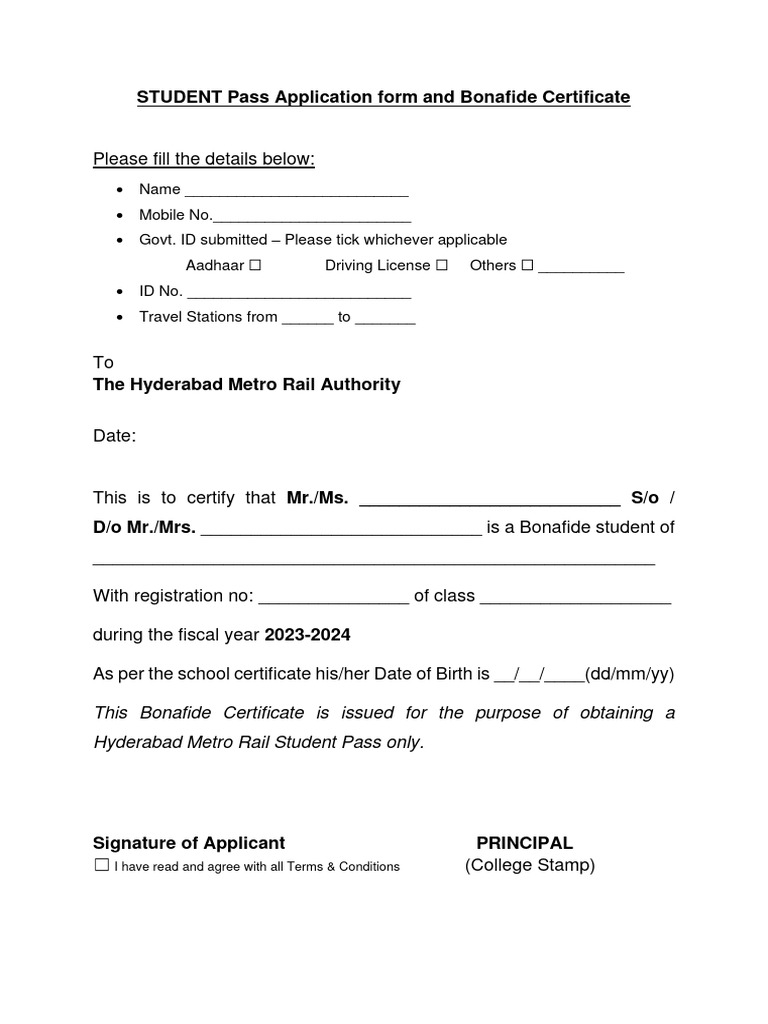 Student pass application form bonafide pdf