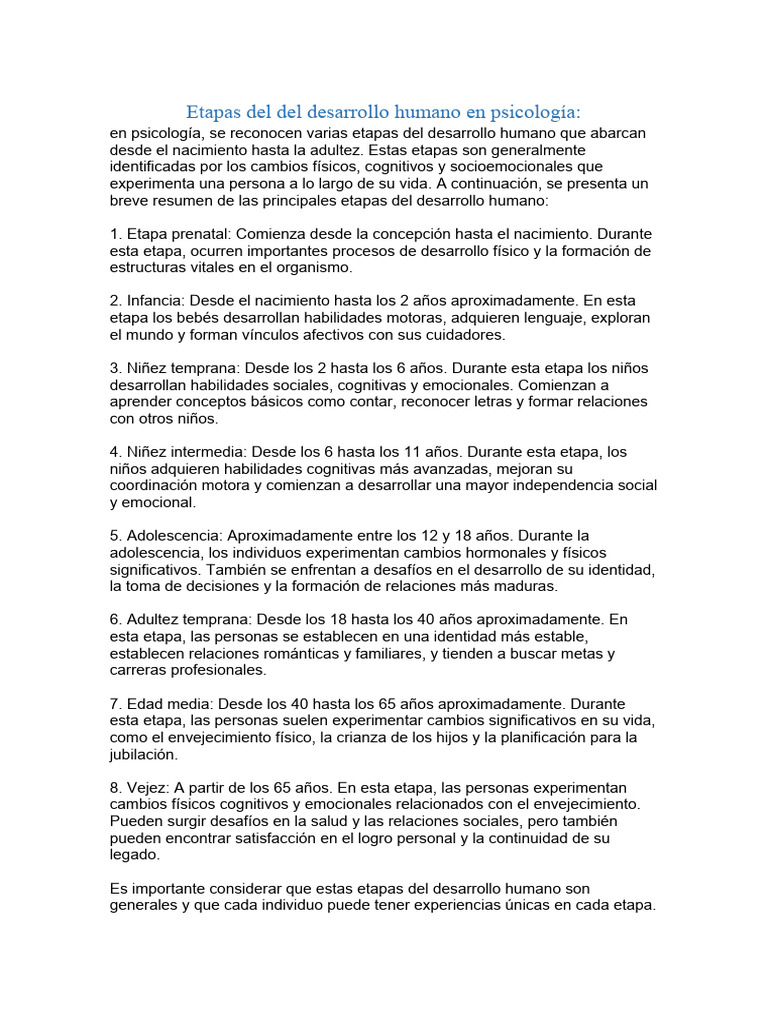 Etapas del Desarrollo Humano en Psicología | PDF | Adultos | Desarrollo ...