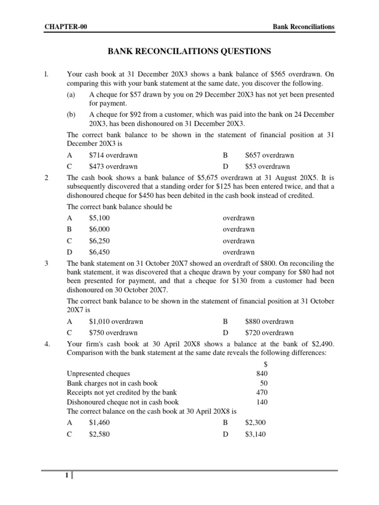 Bank Reconciliation Questions and Solutions | PDF | Overdraft | Debits ...