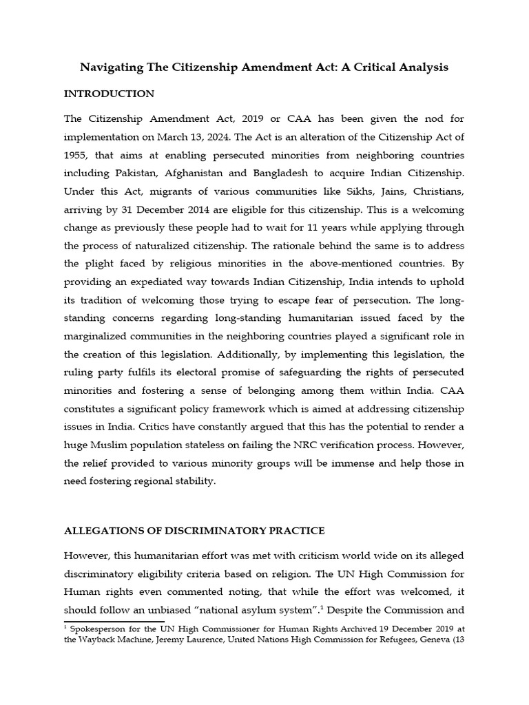 Critical Analysis of Citizenship Amendment Act | PDF | Government And ...