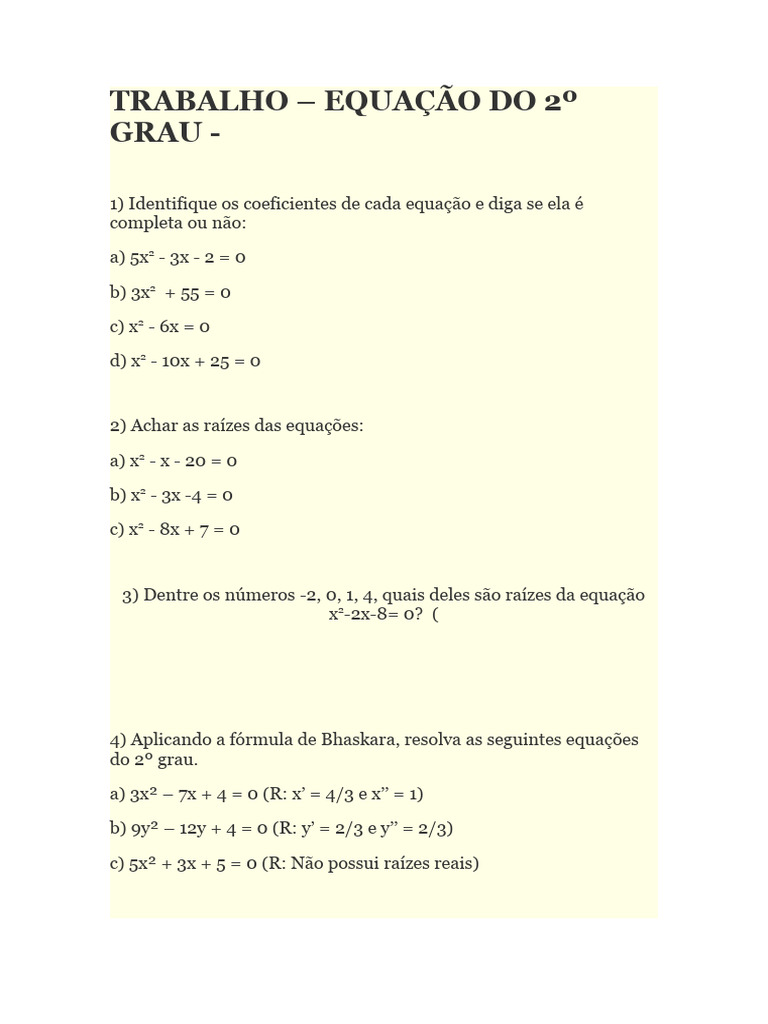Exercícios de Equação do 2º Grau | PDF