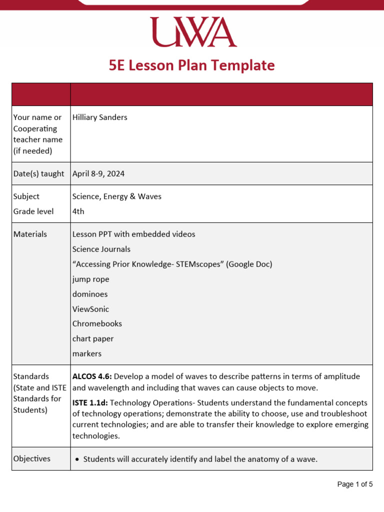 5E Lesson Plan Template | PDF | Waves | Learning