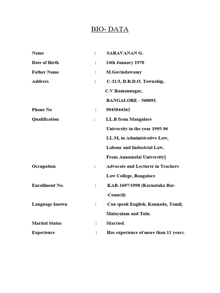 Advocate Saravanan G. - Bio Data | PDF