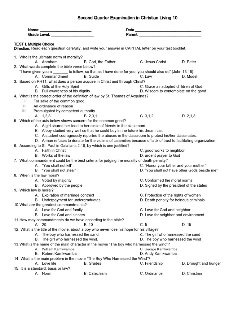 Christian Living 10 Commandments Exam | PDF | Ten Commandments ...