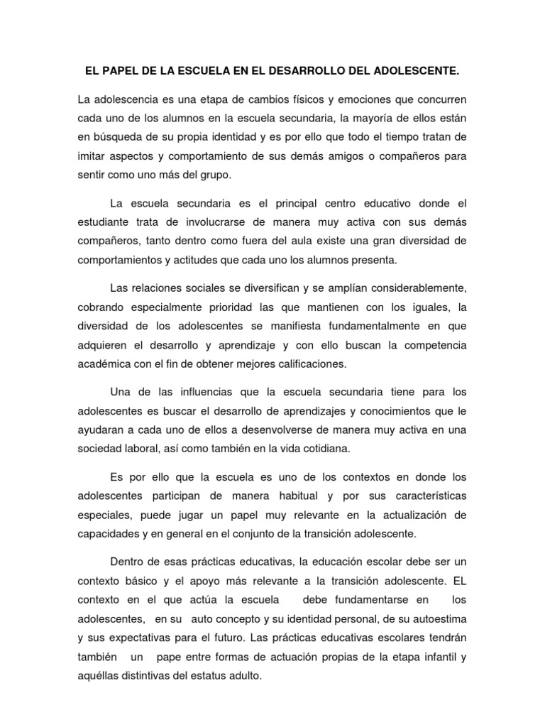 El Papel de La Escuela en El Desarrollo Del Adolescente | PDF ...