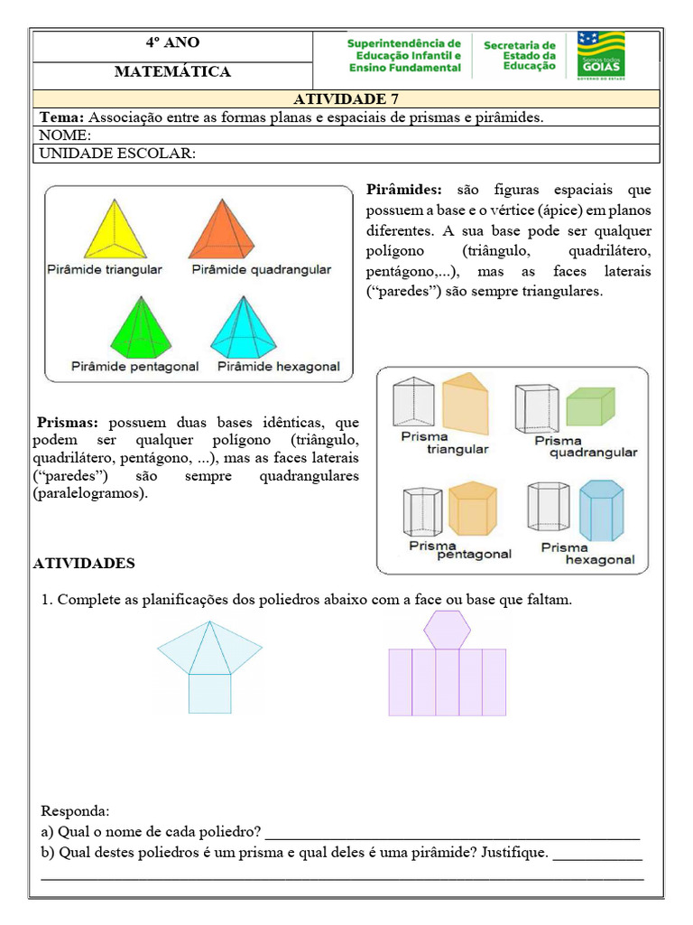 Atividades sobre Prismas e Pirâmides 4º Ano | PDF | Vértice (Geometria ...