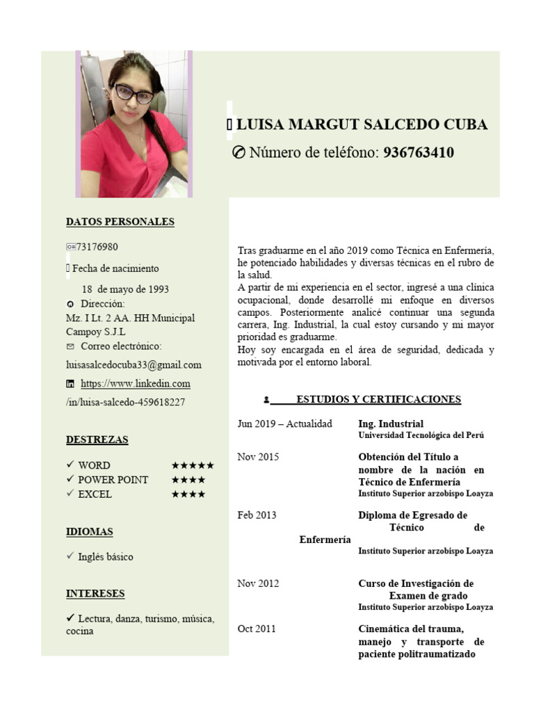 Perfil Profesional de Luisa Salcedo | PDF | Enfermería | Medicina