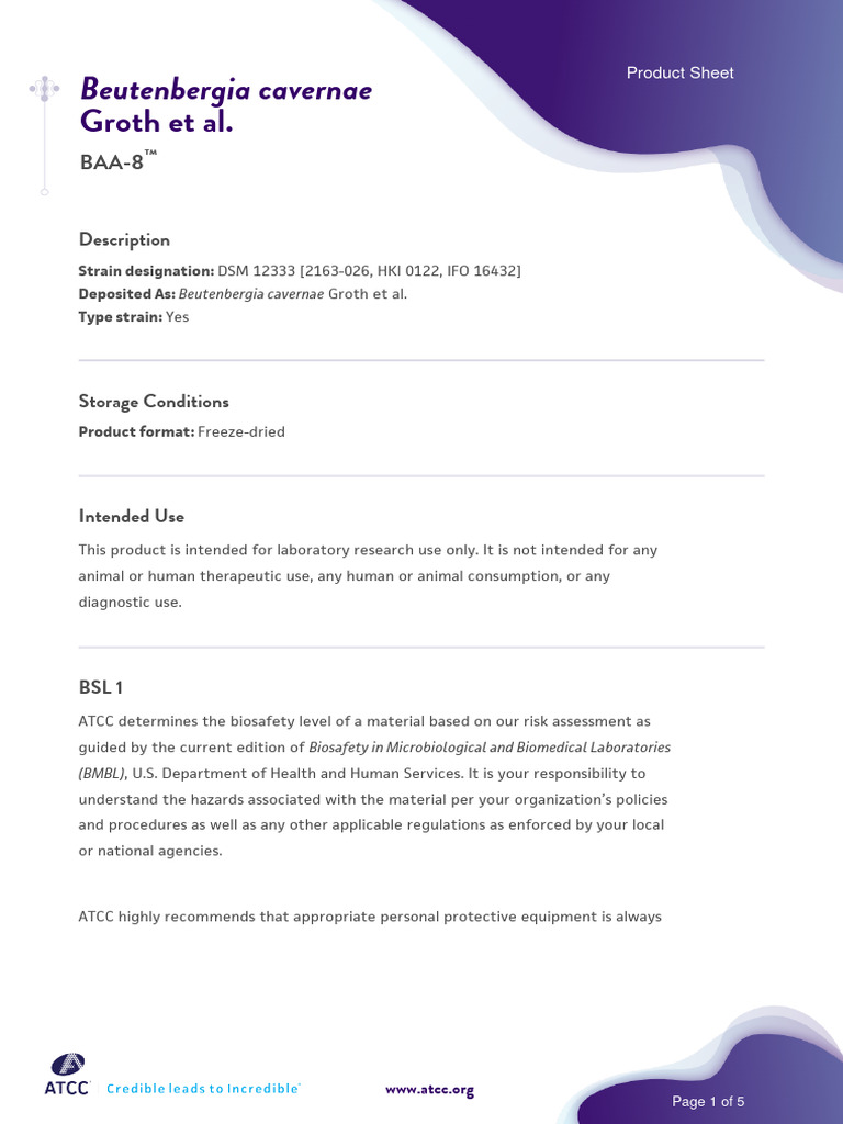 BAA-8 Product Sheet - Beutenbergia Cavernae Groth Et Al. | PDF | Atcc ...