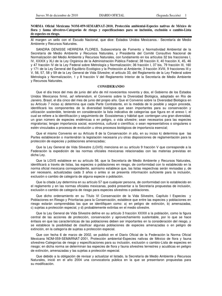 NOM 059 SEMARNAT 2010-Fusionado | PDF | Especie en peligro | Extinción