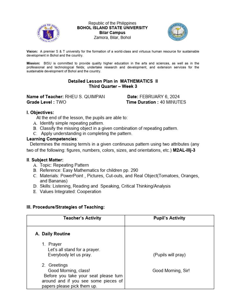 A Detailed Lesson Plan Repeating Pattern Rheu | PDF | Pattern | Lesson Plan