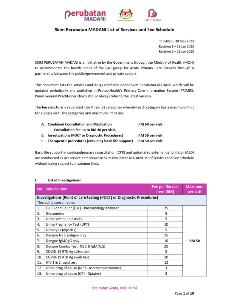 Perubatan MADANI Fee Schedule 2024 | PDF | Clinical Medicine | Medicine