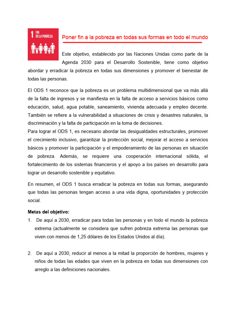 Poner Fin A La Pobreza en Todas Sus Formas en Todo El Mundo: Metas Del ...