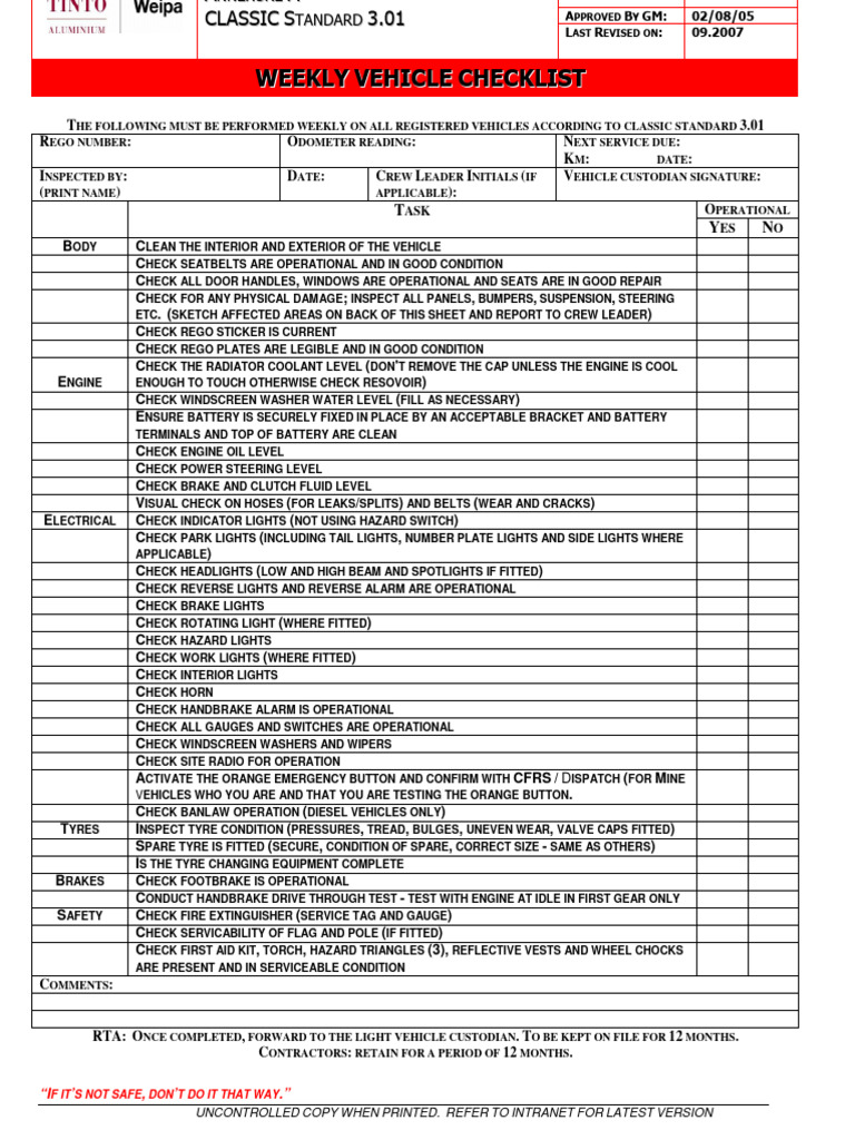 Weekly Vehicle Checklist | PDF | Tire | Vehicles