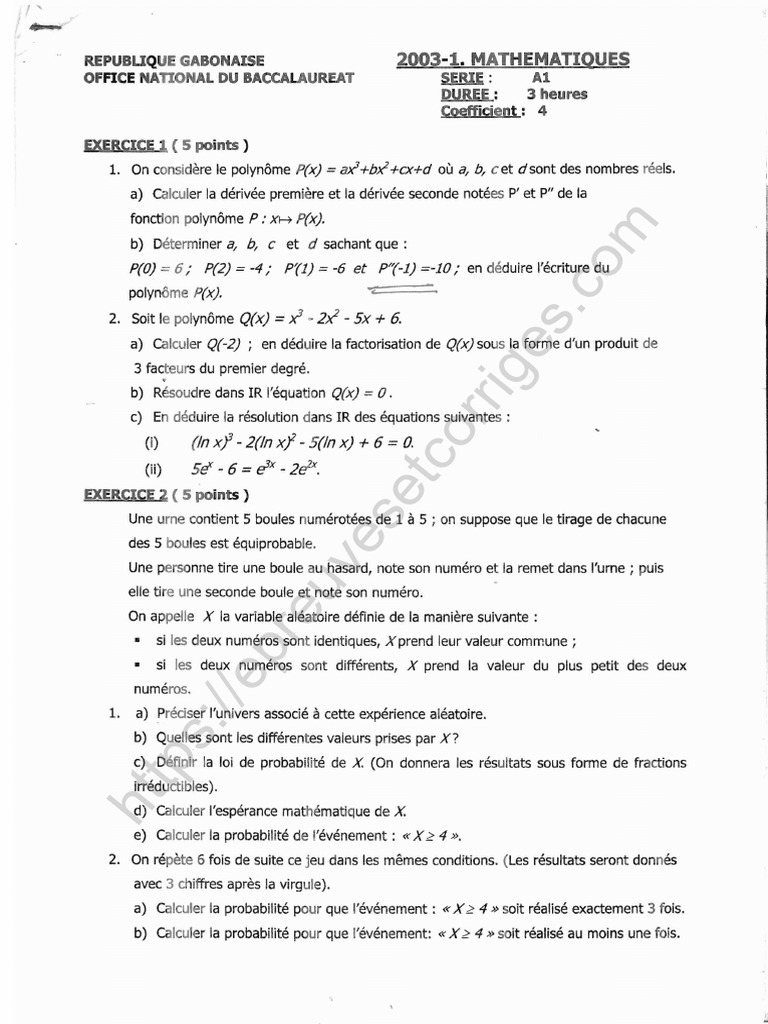 Sujet Et Corrige Type Bac 2003 Serie A1 Gabon Mathematiques | PDF ...
