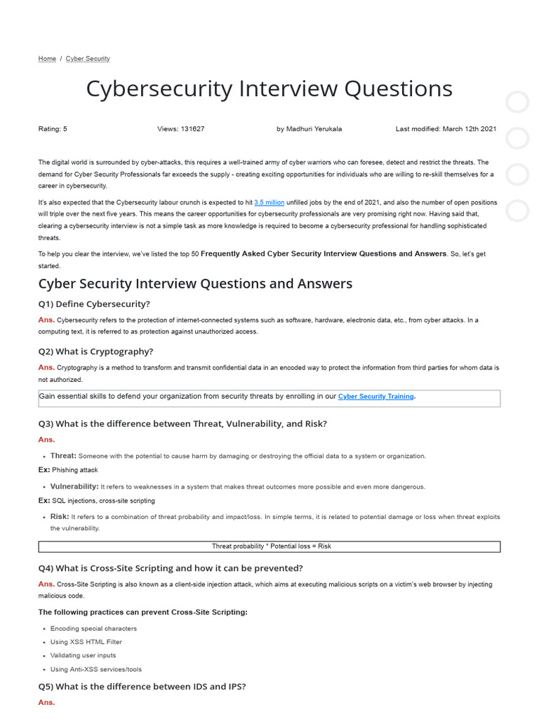 Top 50 Cybersecurity Interview Questions | PDF | Security | Computer ...