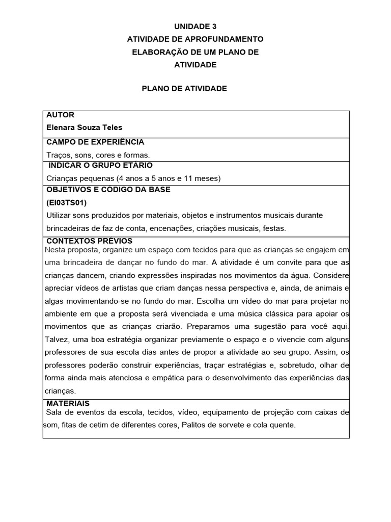 Prática de Ensino em Educação Infantil - Modelo Atividade III - Plano ...
