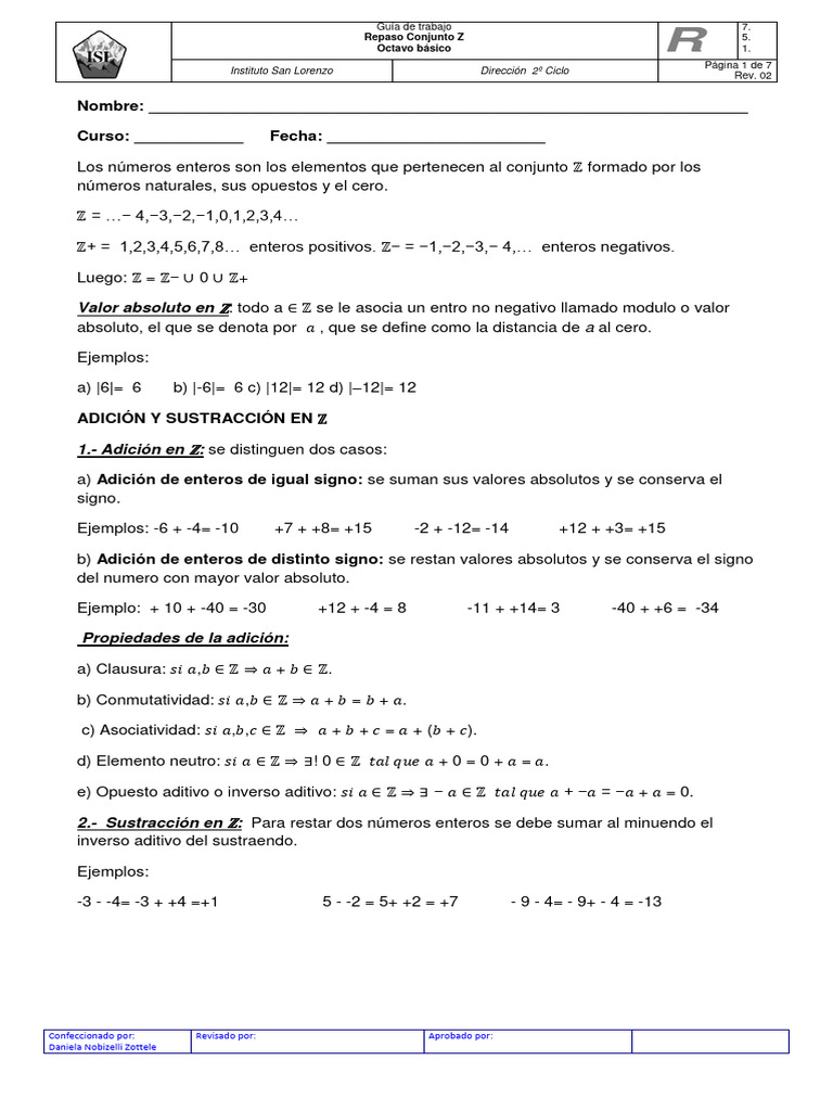 Números Enteros: Guía de Repaso para 8° Básico | PDF | Entero | Sustracción