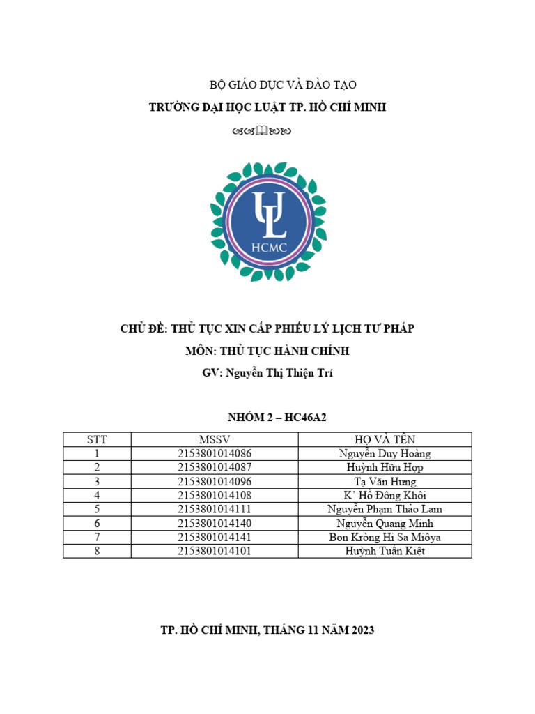 CĐ13 Nhóm 6 Thủ tục xin cấp phiếu LLTP | PDF