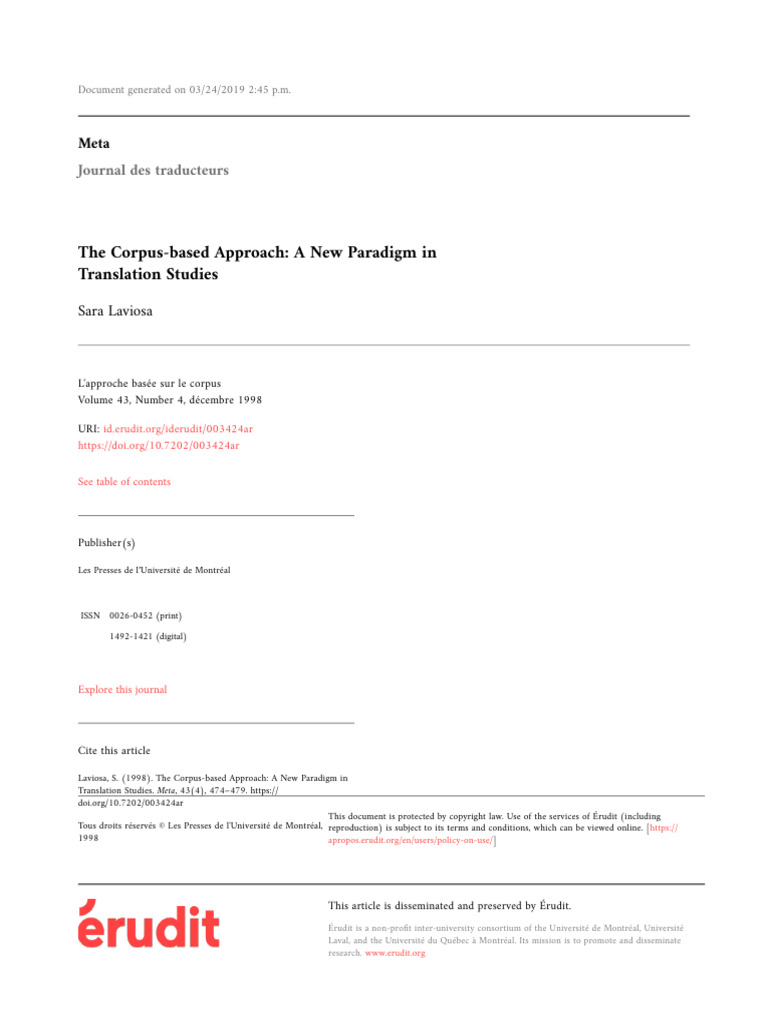 The Corpus-Based Approach A New Paradigm Intranslation Studies | PDF ...