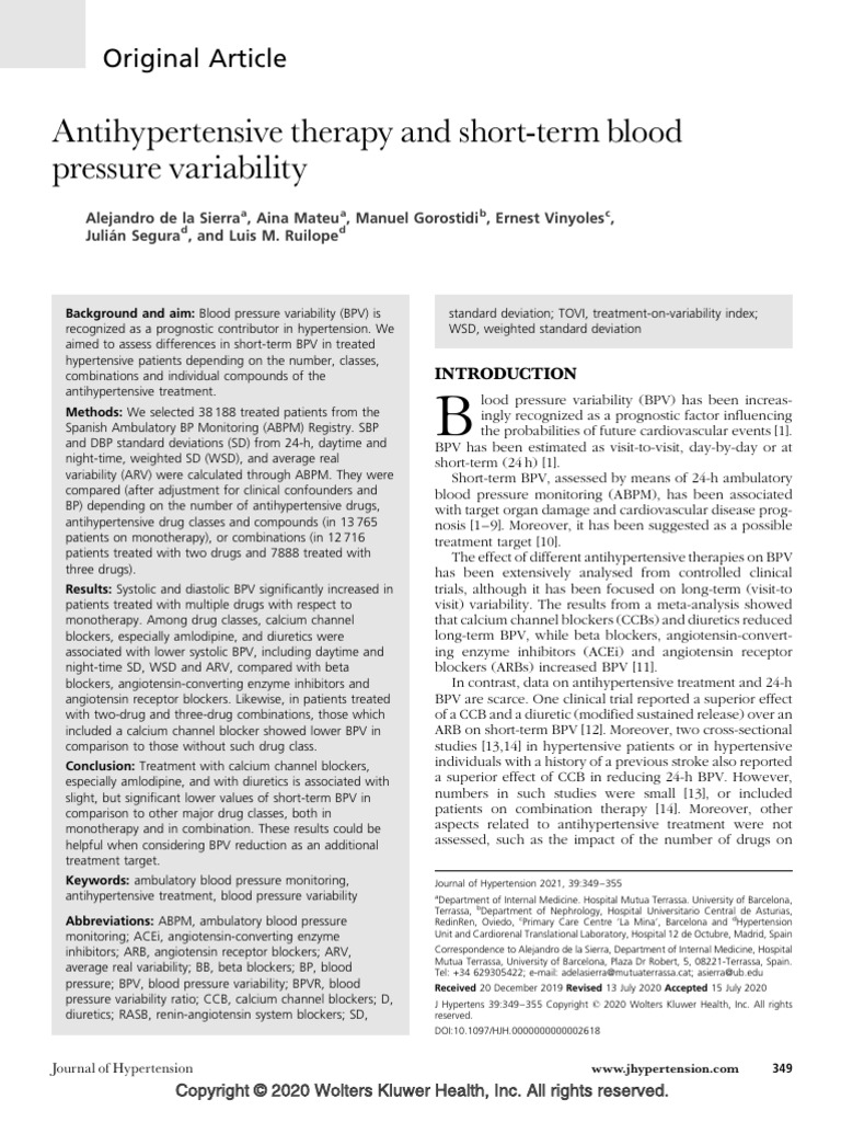 Antihypertensive Therapy and Short-Term Blood Pressure Variability ...