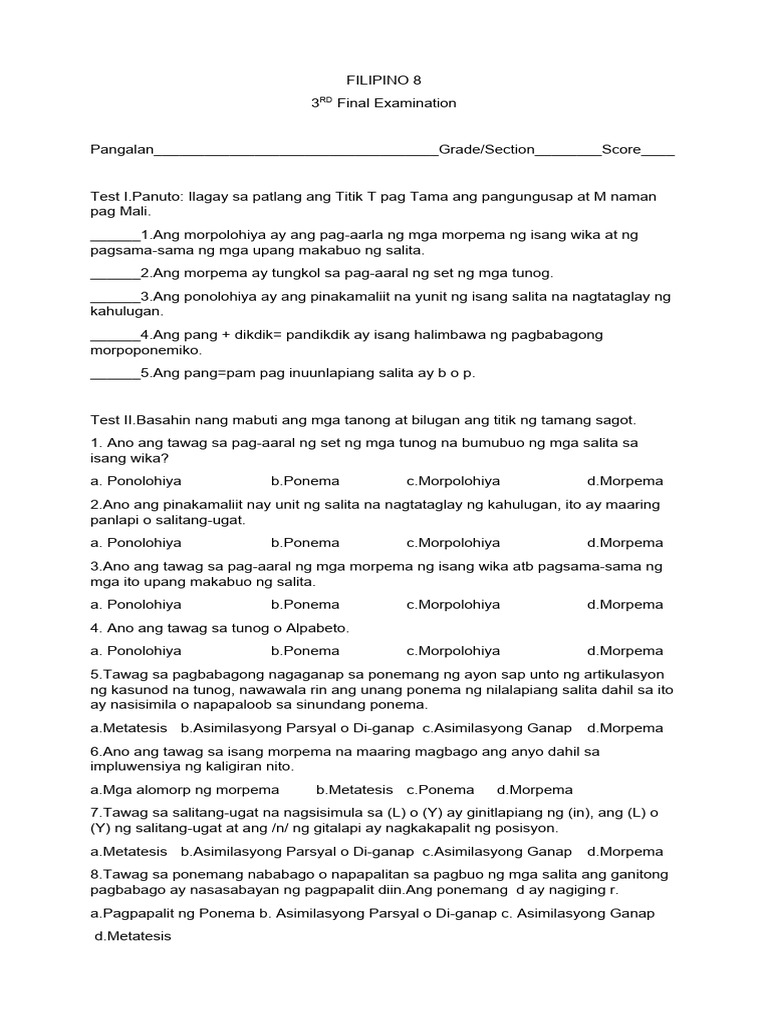 Filipino 8 SPJ 3RD Final Exam | PDF